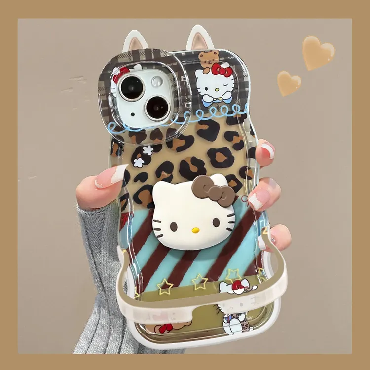 可爱豹纹kt猫公仔适用苹果13手机壳iphone16promax双创意全包立体