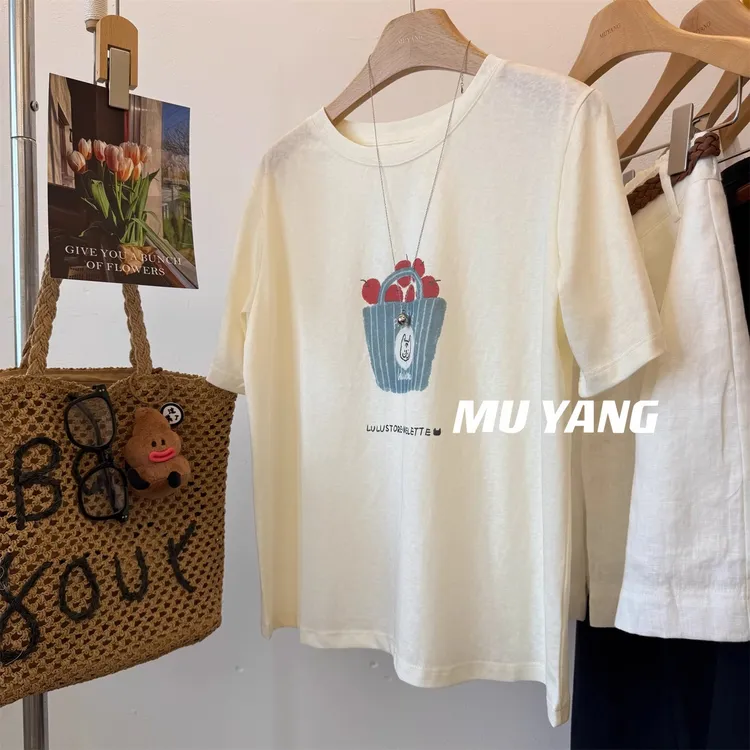 雪花棉短袖T恤女200斤大码胖mm印花夏季宽松2025新款半袖上衣