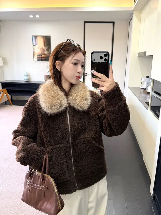 复古毛领羊羔毛长袖外套女2025秋冬新款加厚保暖百搭拉链夹克开衫