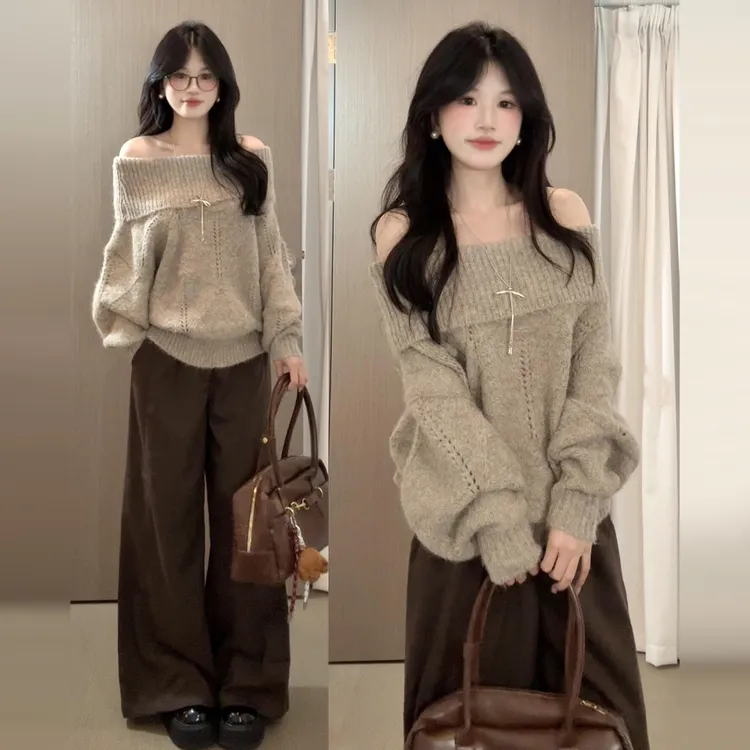 法式慵懒风一字肩针织毛衣女春秋2025年新款早秋韩系穿搭一整套装