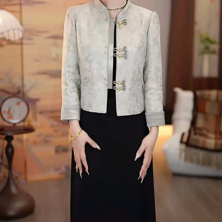 A933【外套+连衣裙】2025秋季新款优雅提花国风气质新中式套装裙