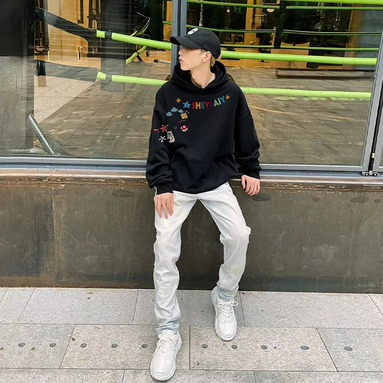 美式趣味涂鸦印花连帽卫衣男秋冬季ins潮牌百搭宽松休闲情侣上衣