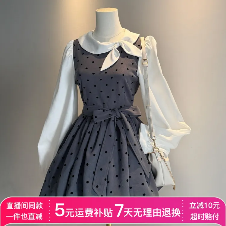 2026新款秋冬巨好看miu系波点连衣裙女法式富家千金小个子花苞裙