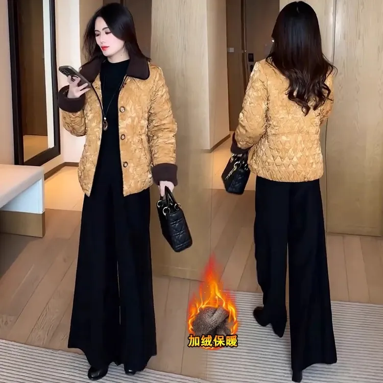 加绒加厚棉服女2025冬季新款宽松洋气显瘦小个子保暖翻领棉袄外套