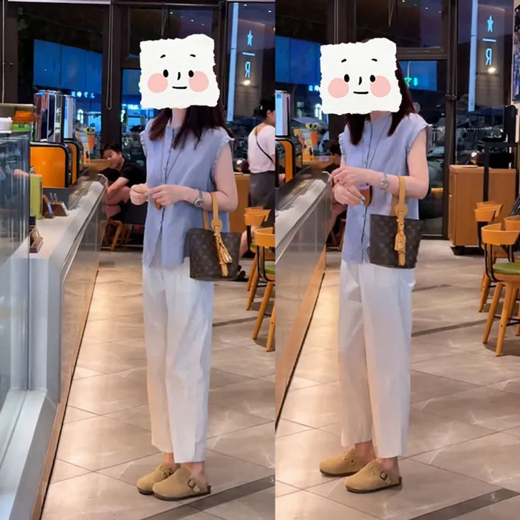 2025夏季新款一整套法式设计感时尚百搭蓝色上衣宽松休闲裤两件套