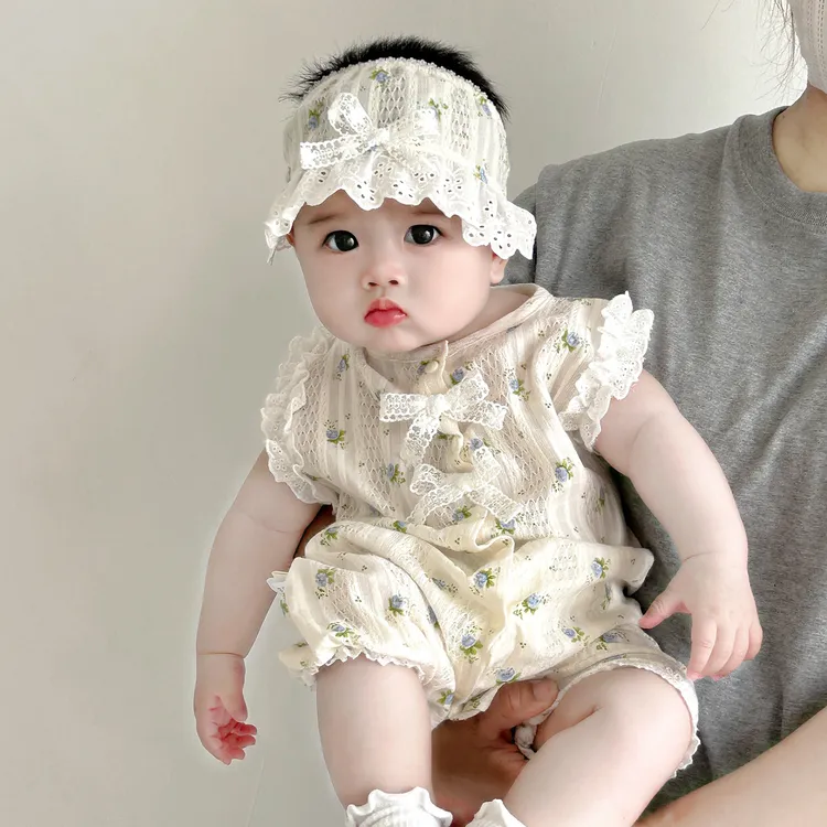 婴幼儿夏季蕾丝印花连体宝宝提花棉透气孔短爬婴童无袖衣服Z1264