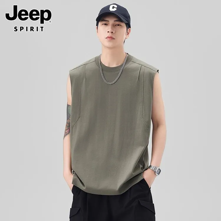 Jeep吉普圆领无袖背心男士夏季宽松休闲美式运动薄款透气坎肩上衣