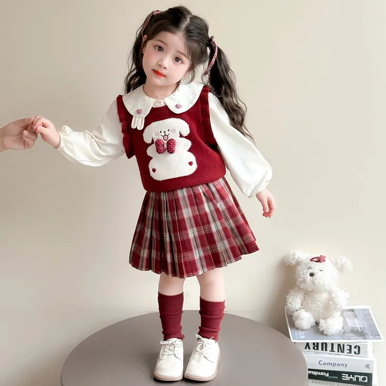女童学院风套装春秋2025新款儿童洋气马甲女宝宝韩系百褶裙三件套