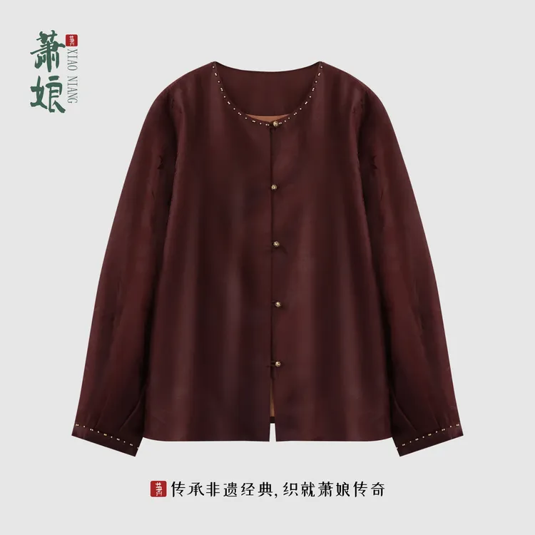 萧娘【落灯花】红云纱时尚外套圆领长袖百搭桑蚕丝短款外套5783