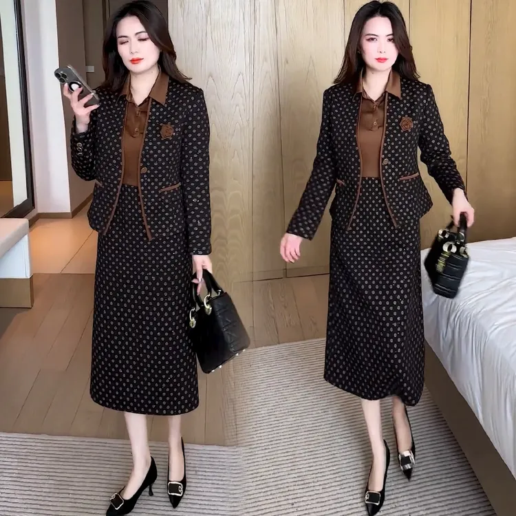 时尚套装裙女2025秋季新款洋气减龄显瘦波点西装外套连衣裙两件套