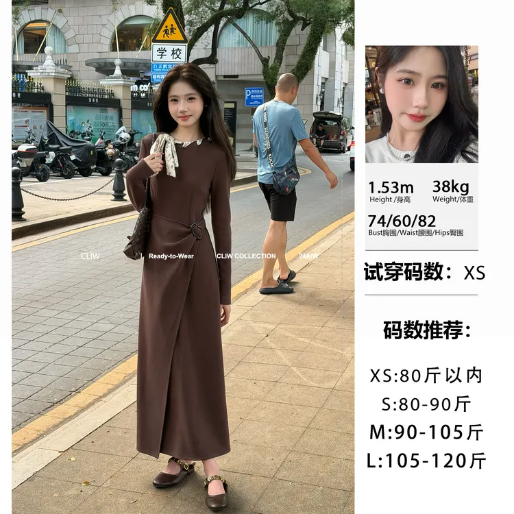 菜菜【奥法庄园】小个子秋季法式圆领设计感绑带收腰显瘦连衣裙HQ04