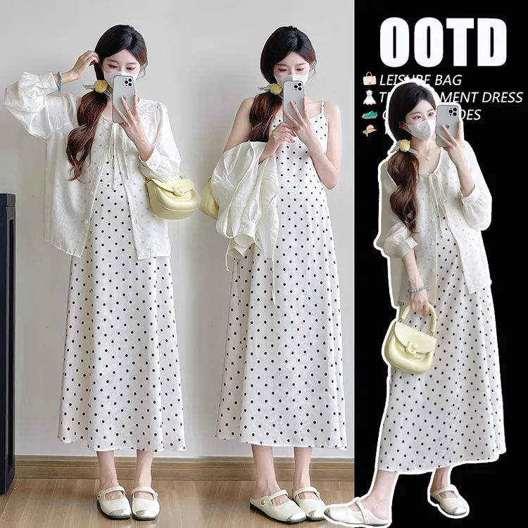 法式时尚孕妇防晒衬衫套装裙女夏季2025新款波点吊带连衣裙两件套