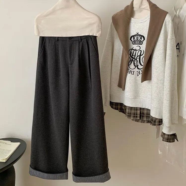 小个子定制复古高腰显瘦卷边毛呢阔腿裤秋冬磨毛宽松休闲直筒裤