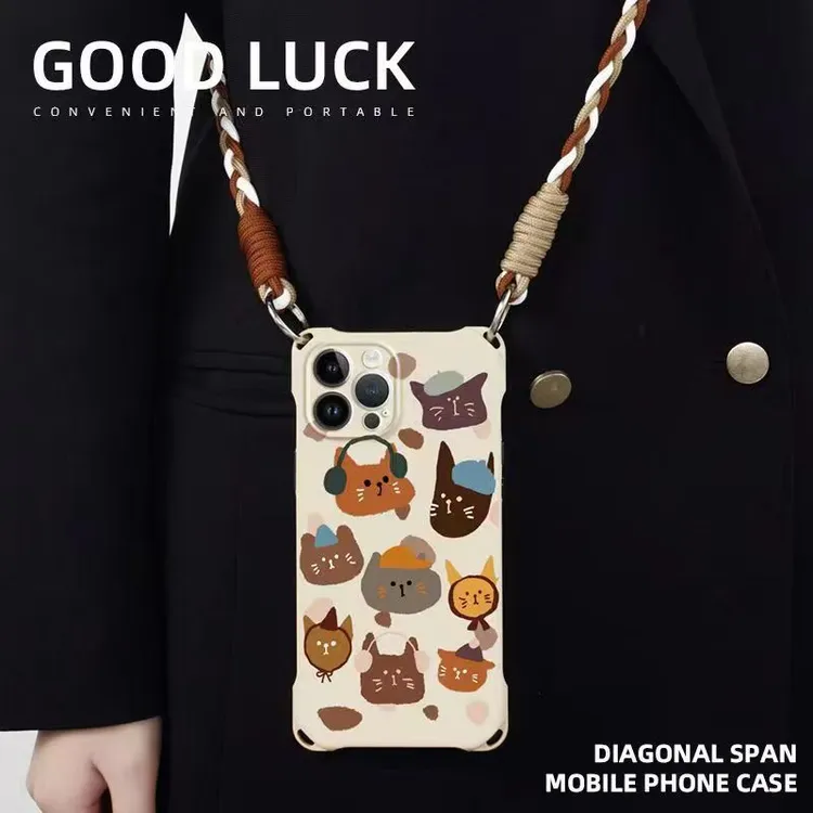 彩色猫头适用iPhone15ProMax斜挎手机壳14全包13挂绳12四角软壳11