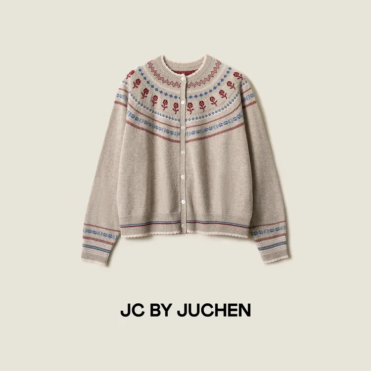 VTG费尔岛小红花复古提花撞色花边领针织毛衣外套FW108001-195