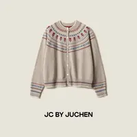 VTG费尔岛小红花复古提花撞色花边领针织毛衣外套FW108001-195