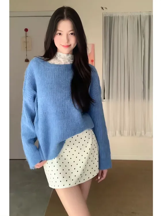 2025年冬季新款时尚法式温柔风套装蓝色毛衣修身打底衫显瘦短裙潮