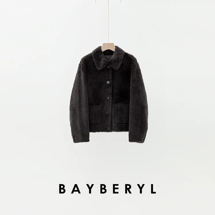 BAYBERYL老贝朗夜*紫翻领拉贡短款冬排扣一体皮衣PY5G1126-11/26