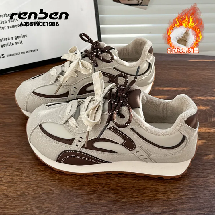 人本2025秋季新款加绒加厚系带运动时尚休闲鞋跑步复古学生鞋子女