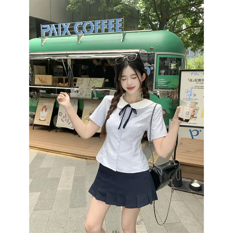 小野学院短袖衬衫jk制服套装收腰衬衫蓝色刺绣款夏