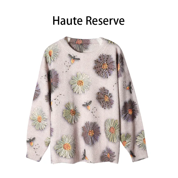 【巴黎时装款】高端5D太阳花立体印花重工烫钻水貂绒轻奢毛衣