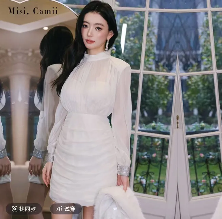 长袖气质连衣裙高腰法式裙子不规则裙短裙优雅印花