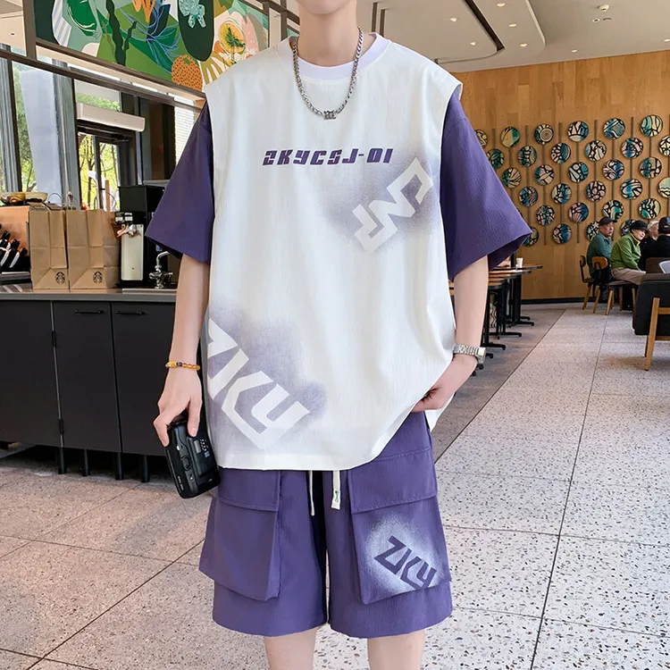 凉感短袖t恤男2025夏季休闲运动套装男青少年一套帅气搭配体恤衫T