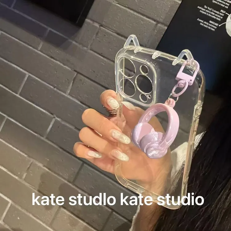  渐变耳机手机壳适用iPhone17promax立体猫耳朵透明ins挂件多用途