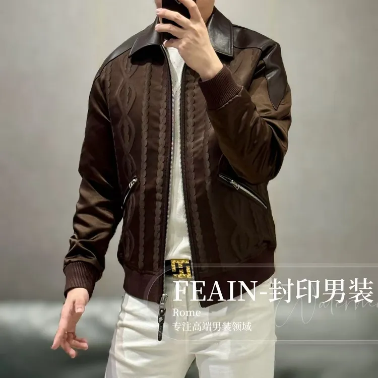 【真皮醋酸】高端男士流体雕塑醋酸纤维真皮拼接夹克8092