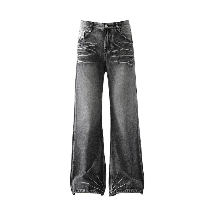 日系街头复古做旧水洗宽松褶皱设计宽松阔脚喇叭牛仔裤中性风长裤