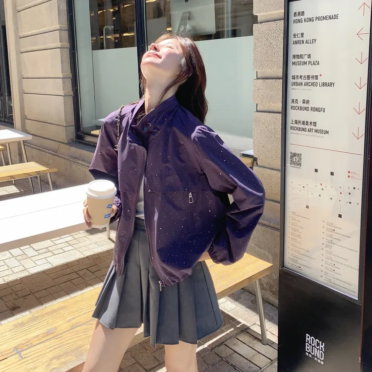 时髦高级感慵懒百搭甜酷上衣女秋季新款设计感满天星立领宽松外套