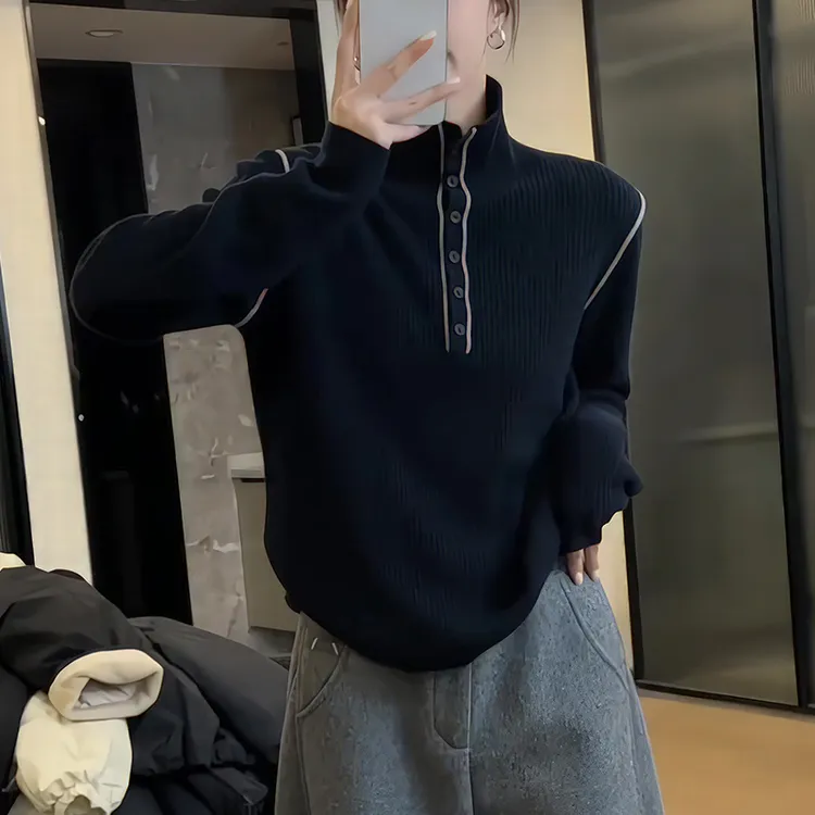 撞色针织时尚毛衣2025秋季大码胖MM慵懒加厚女士立领洋气套头上衣