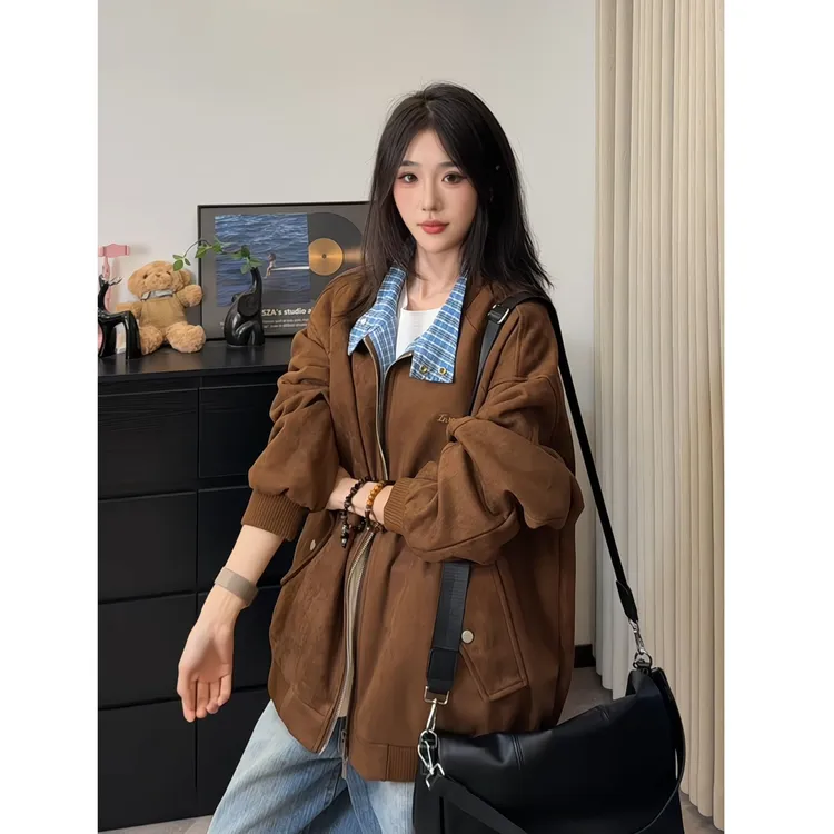 美式复古格子拼接仿麂皮绒外套男女秋季翻领美拉德棒球服休闲夹克