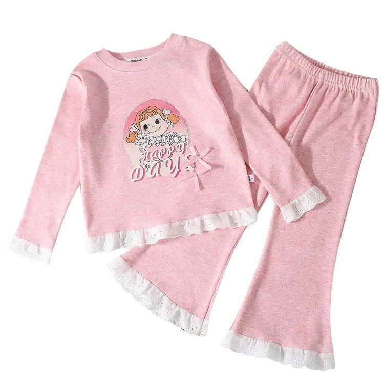 新款女童春秋季蕾丝花边卡通时尚韩系套装洋气印花设计感两件套
