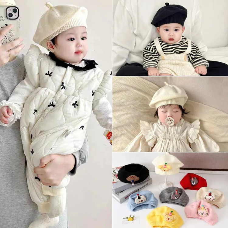 婴儿秋针织帽超萌小熊贝雷帽子凹造型男女童宝宝画家帽婴儿贝雷帽