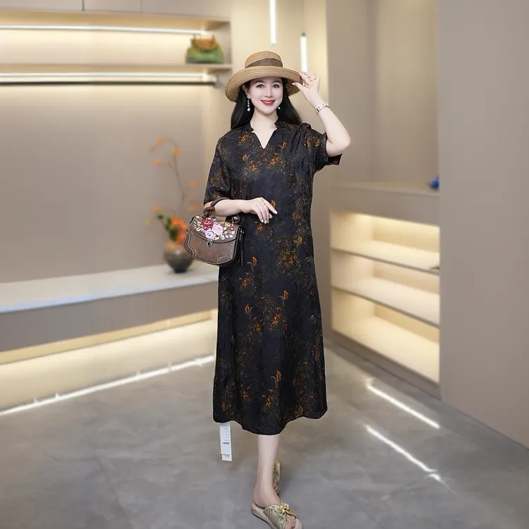 繁花新中式新款百搭不褪色短袖老料花萝提花连衣裙女中长款休闲