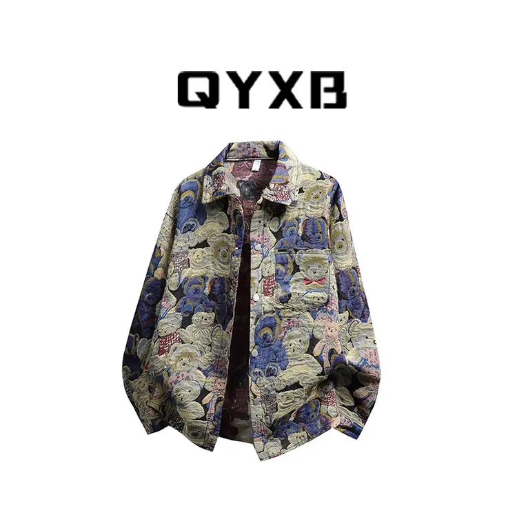 【品牌正品现货】QYXB美式设计感满印小熊夹克男春秋季痞帅翻领外套