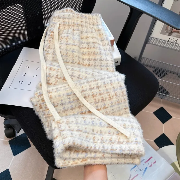 秋冬小香风千鸟格子阔腿糯米裤女小个子加厚水貂毛绒直筒拖地长裤
