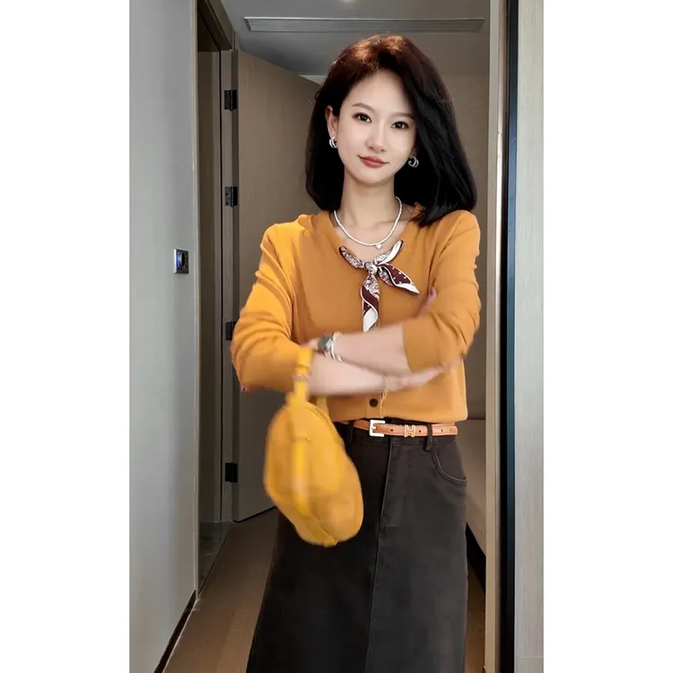时尚洋气连衣裙套装女2025秋季新款宽松橘色针织毛衣半身裙两件套