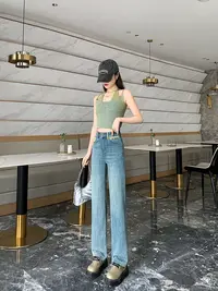 【万物有灵】秋季4802磨砂蓝百搭直筒裤显瘦牛仔裤刺绣时尚小个子