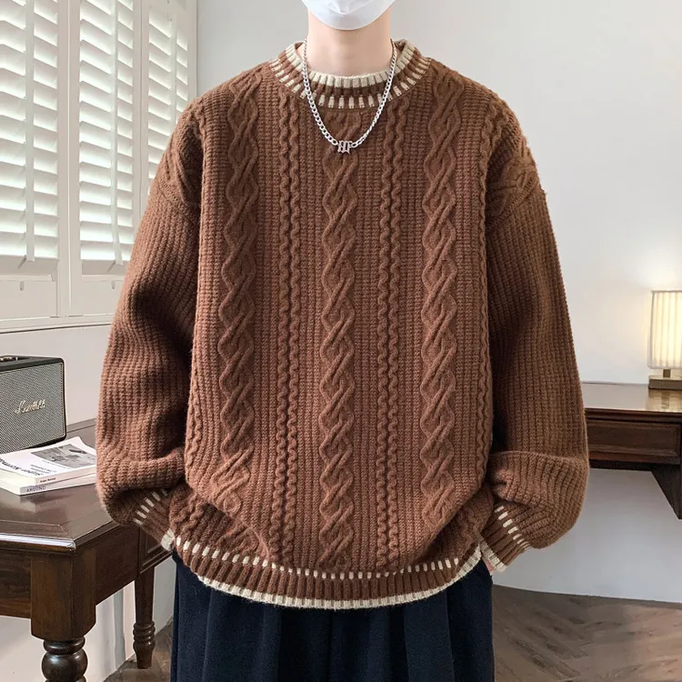 Mexican/稻草人秋冬新款时尚百搭宽松潮流复古日系圆领打底毛衣男