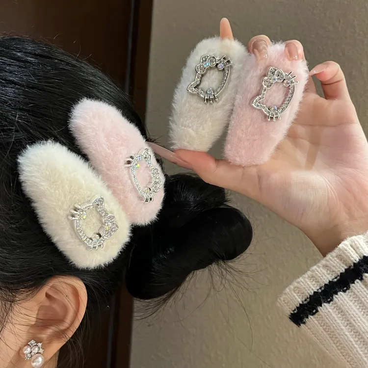  kt水钻毛绒BB发夹可爱粉色时髦秋冬新品毛绒刘海毛绒绒发卡发饰