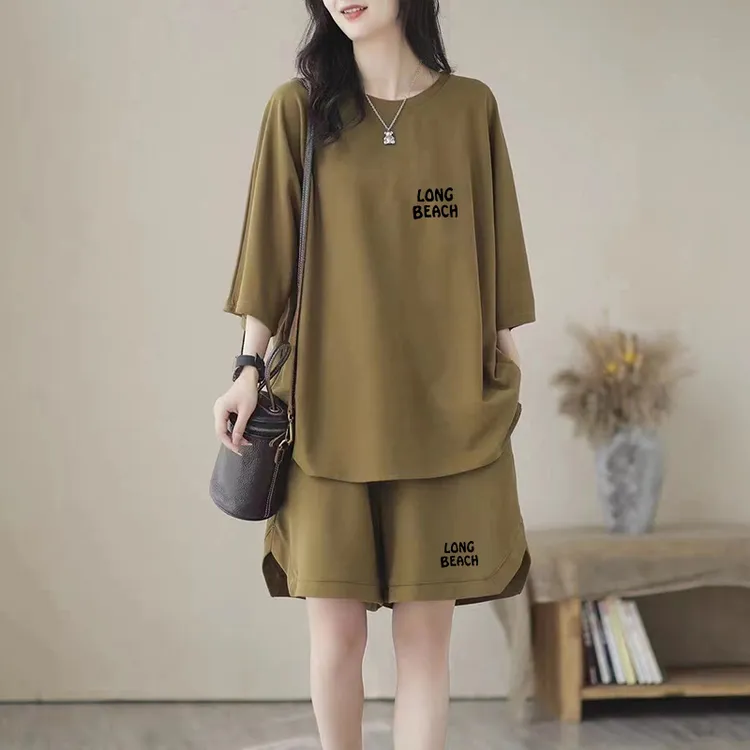 (赠送运费险)夏季新款宽松纯棉时尚套装洋气减龄百搭休闲两件套女