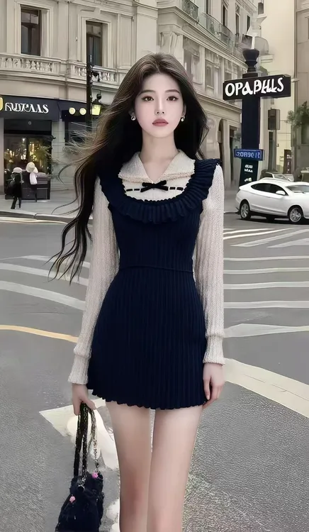 秋季新款淑女米白色翻领长袖上衣+黑色U领背带修身连衣裙女两件套