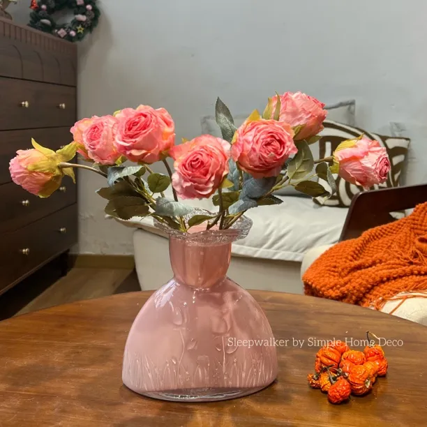 胭语|外贸出口奶油粉色高级复古风郁金香玫瑰小众玻璃花瓶花器
