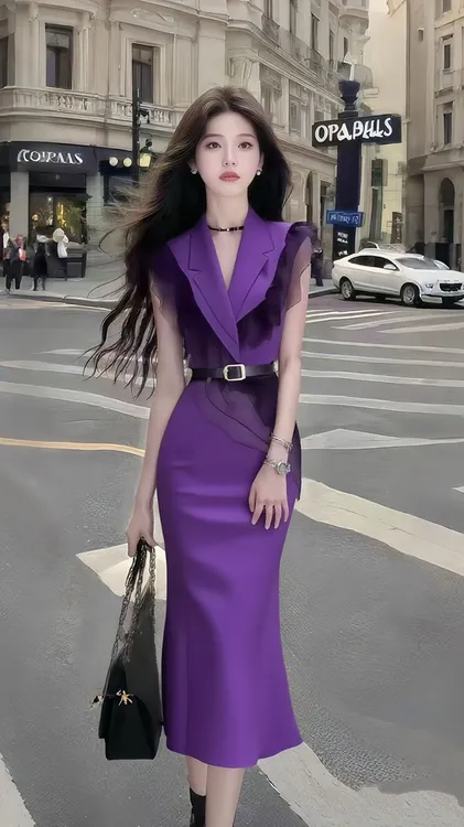 夏季新款别致设计感紫色V领收腰系带连衣裙气质显瘦氛围感长裙