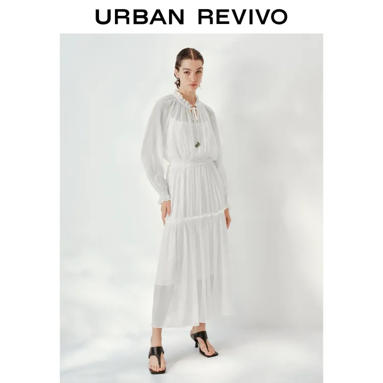 【明星同款】UR2025秋季新款女装木耳边串珠系带连衣裙UWH750105