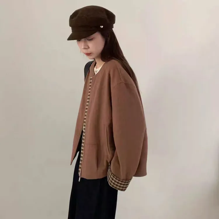 丰硕家2025新款韩系圆领格子拼接休闲百搭短款女外套809