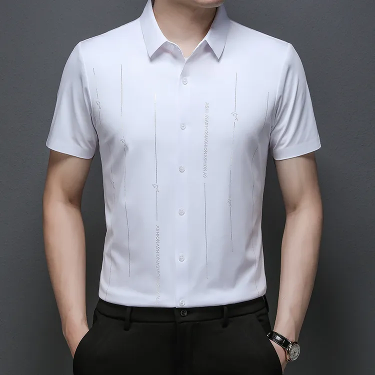 夏季短袖衬衫男时尚休闲无痕小海豚印花中年男式半袖衬衣一件代发