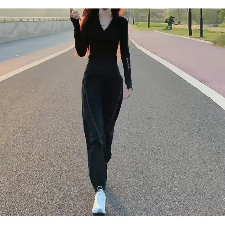 黑色运动服套装女夏季高级感时尚修身健身长裤健身休闲跑步两件套